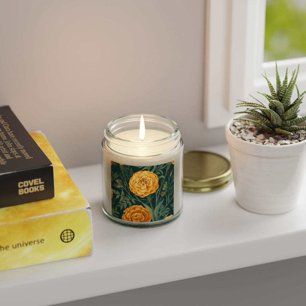 Indian Marigold Design Scented Candle | Coconut Apricot Wax Home Decor Gift