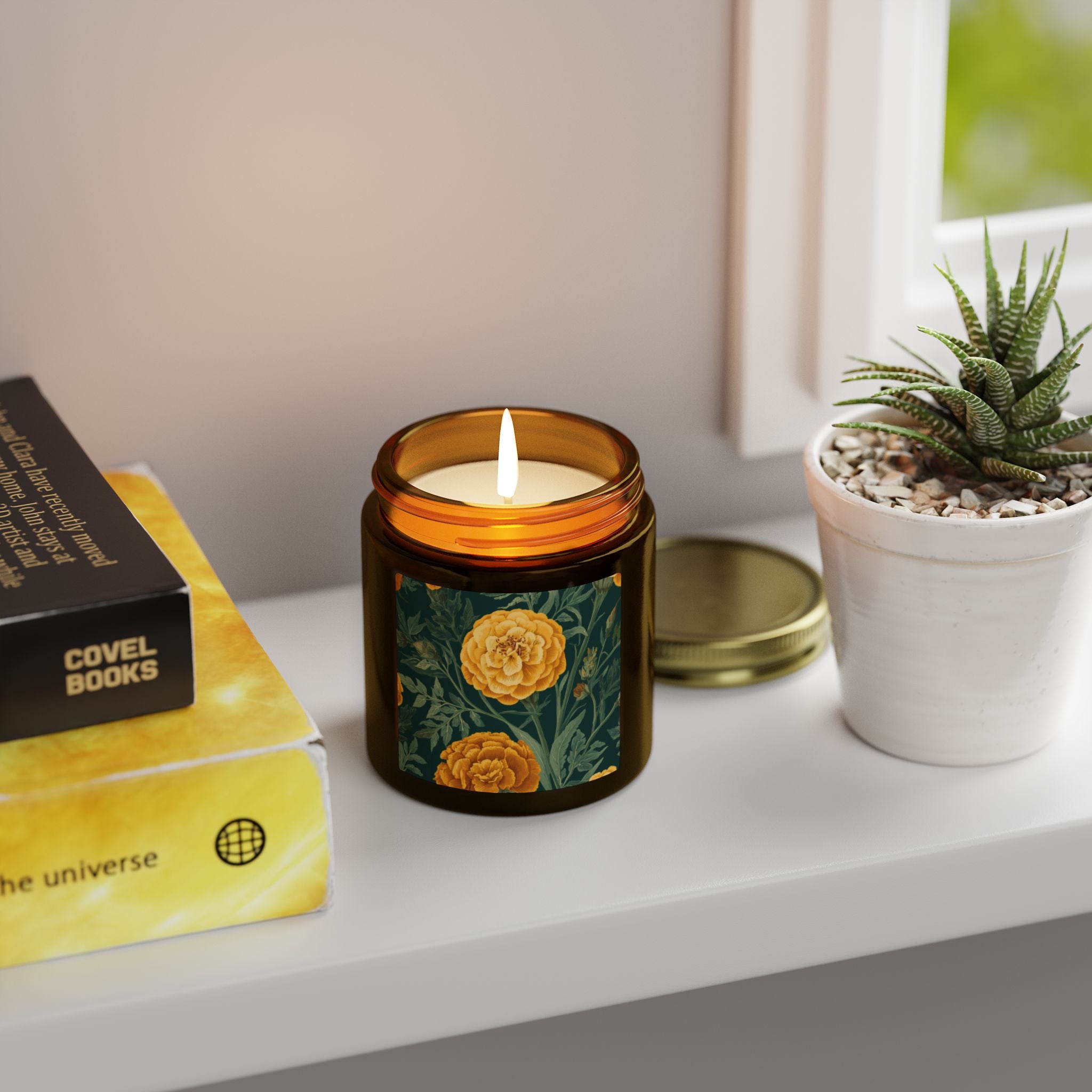Indian Marigold Design Scented Candle | Coconut Apricot Wax Home Decor Gift