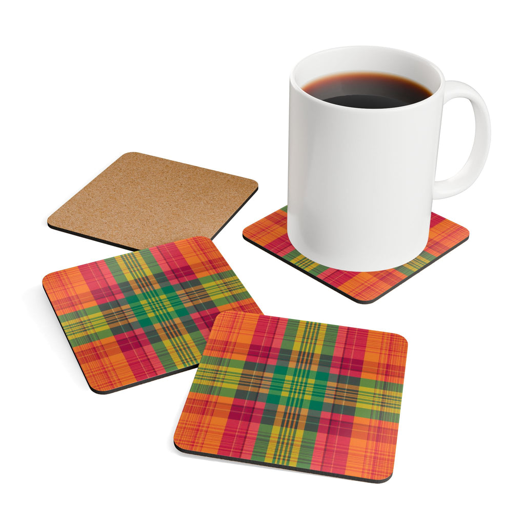 Madras Checks Design Cork Coaster Set | Traditional South Indian Pattern (4-Pack)