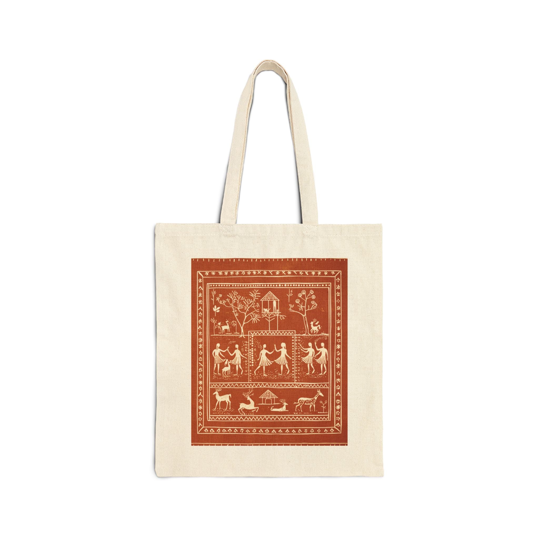 Central Indian Warli Folk Art Canvas Tote Bag | Warli-Inspired Tribal Print
