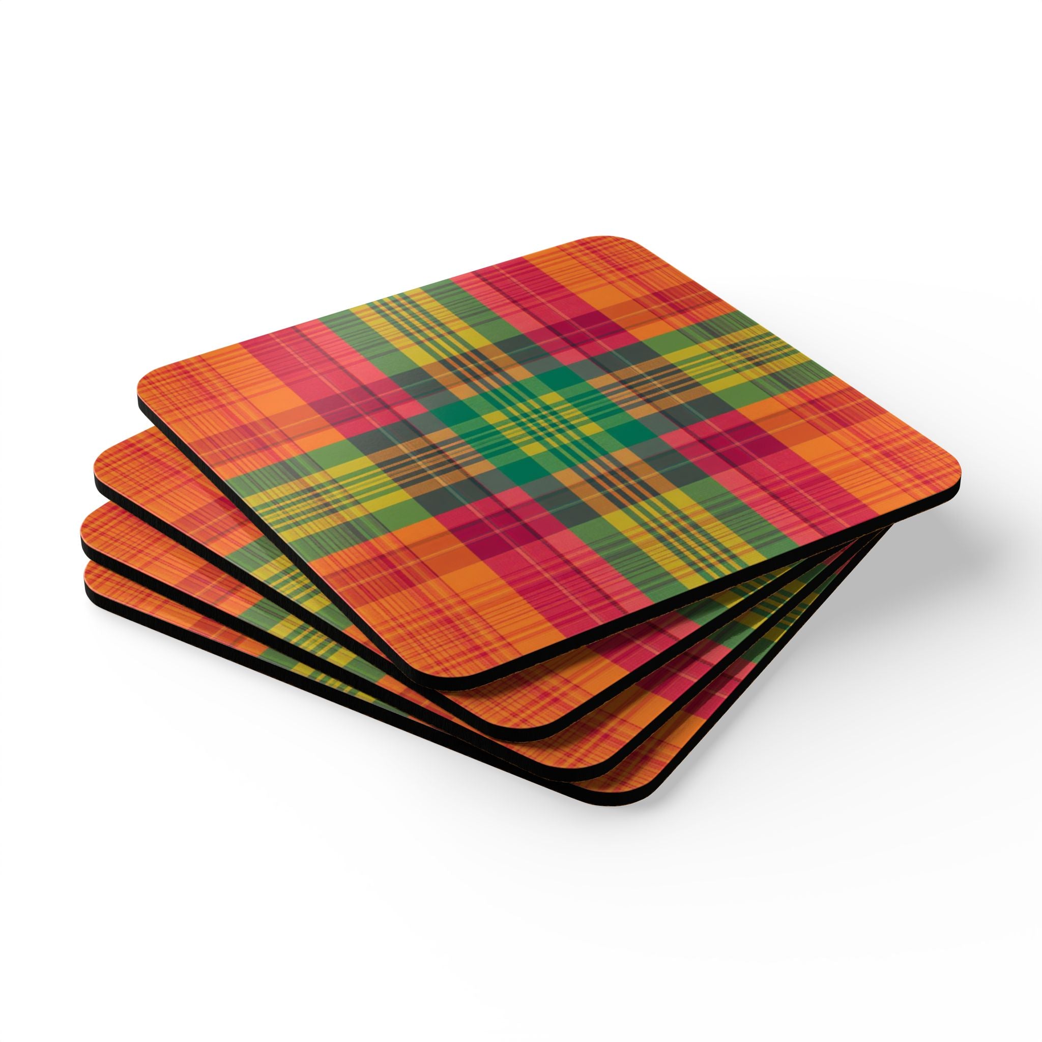 Madras Checks Design Cork Coaster Set | Traditional South Indian Pattern (4-Pack)