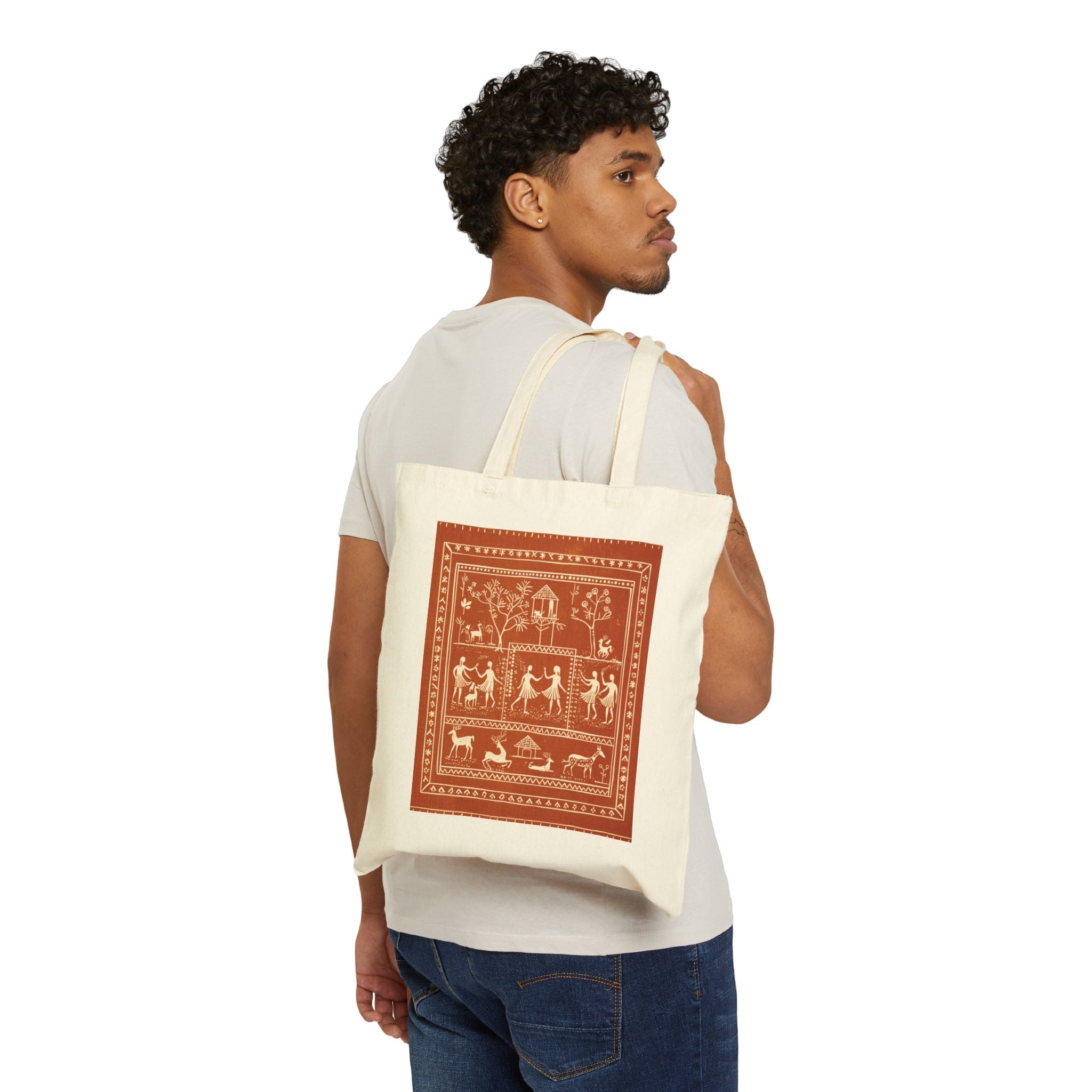 Central Indian Warli Folk Art Canvas Tote Bag | Warli-Inspired Tribal Print