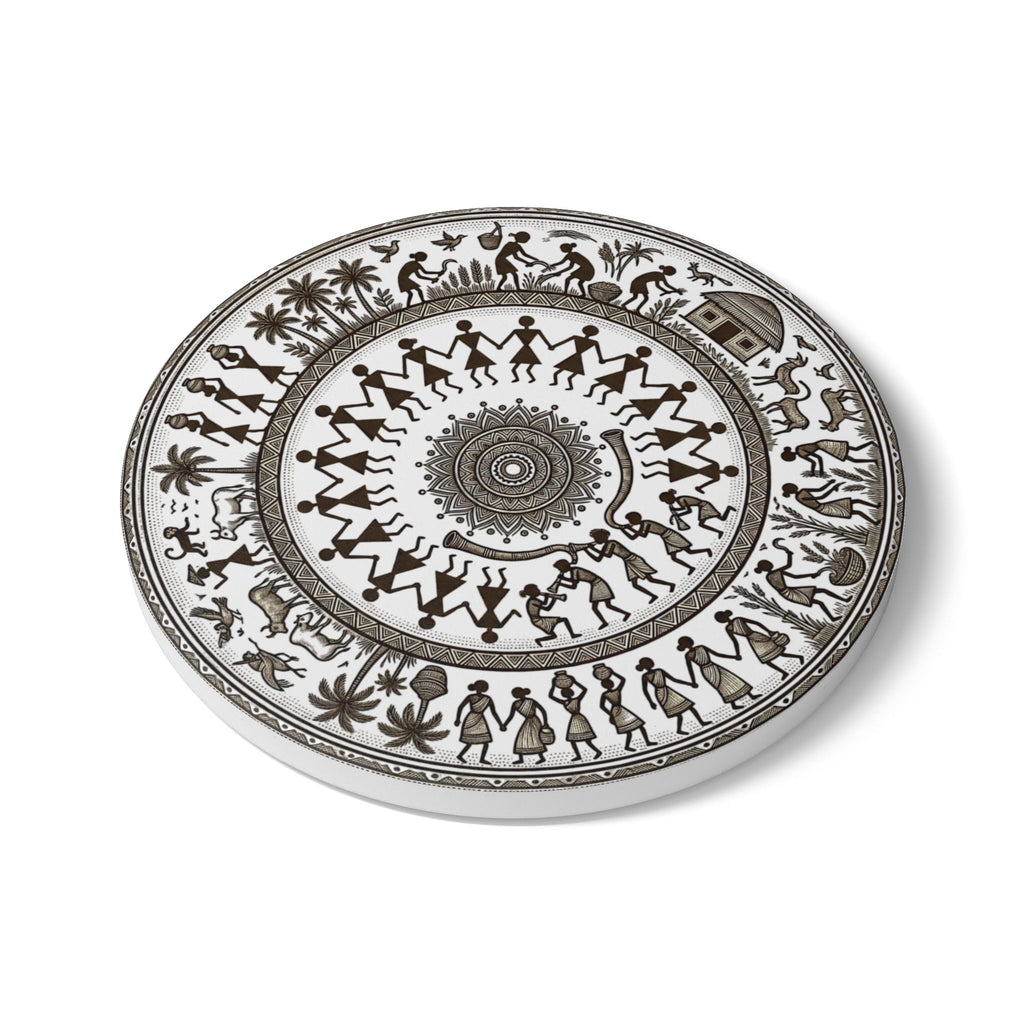 Warli Art Ceramic Coaster | Central Indian Tribal Folk Art Home Decor