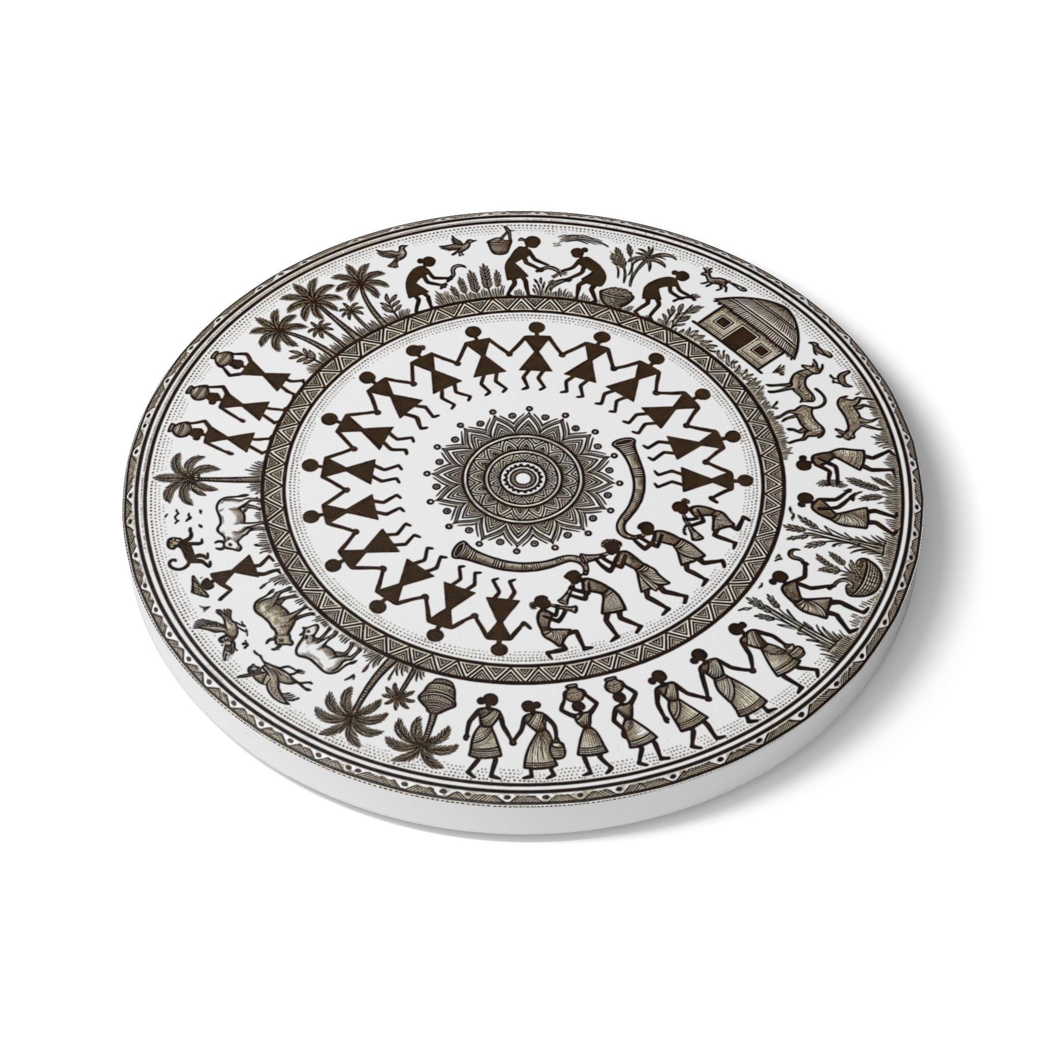 Warli Art Ceramic Coaster | Central Indian Tribal Folk Art Home Decor