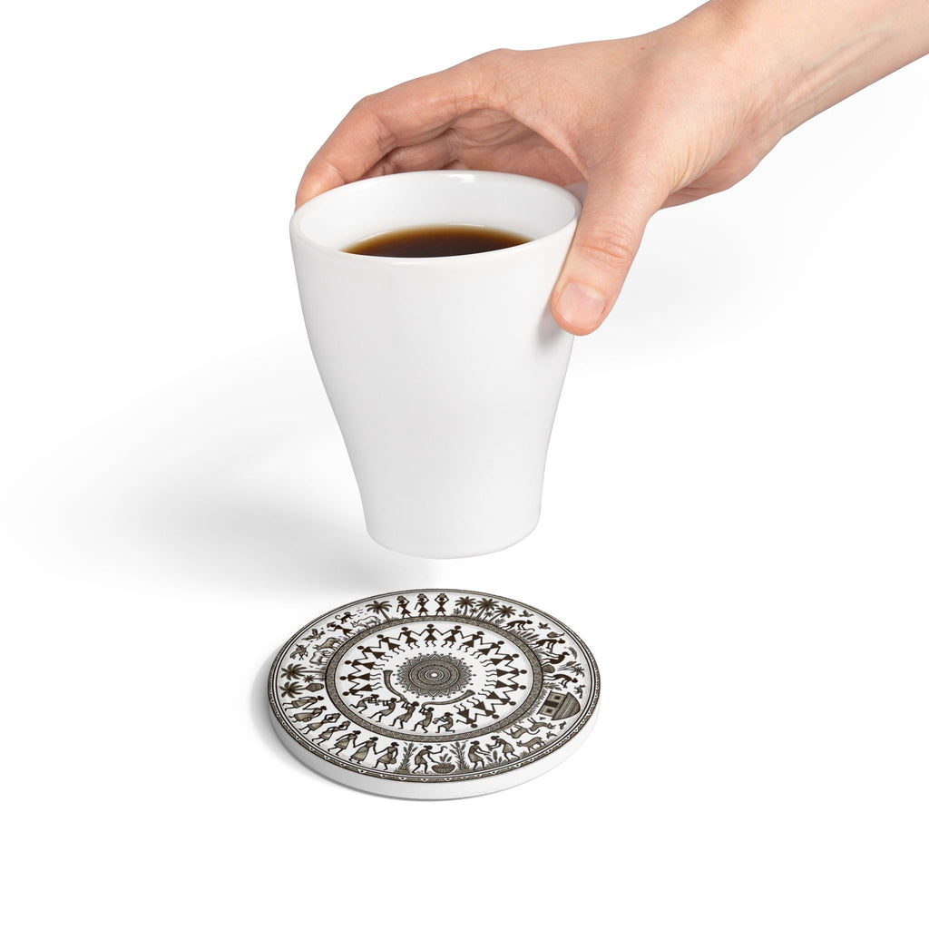 Warli Art Ceramic Coaster | Central Indian Tribal Folk Art Home Decor