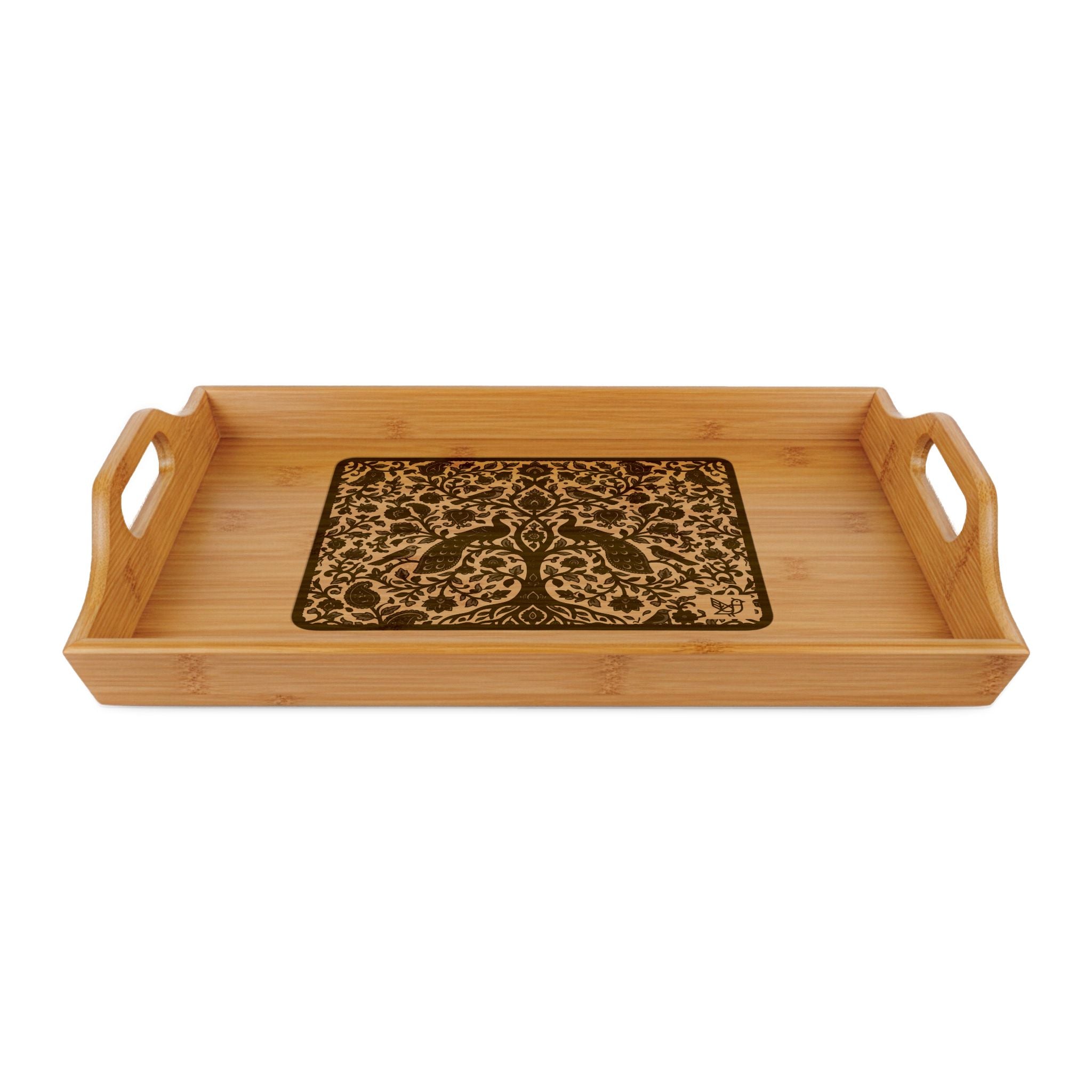 Madhubani Folk Art Engraved Bamboo Serving Tray | Traditional Indian Peacock Design