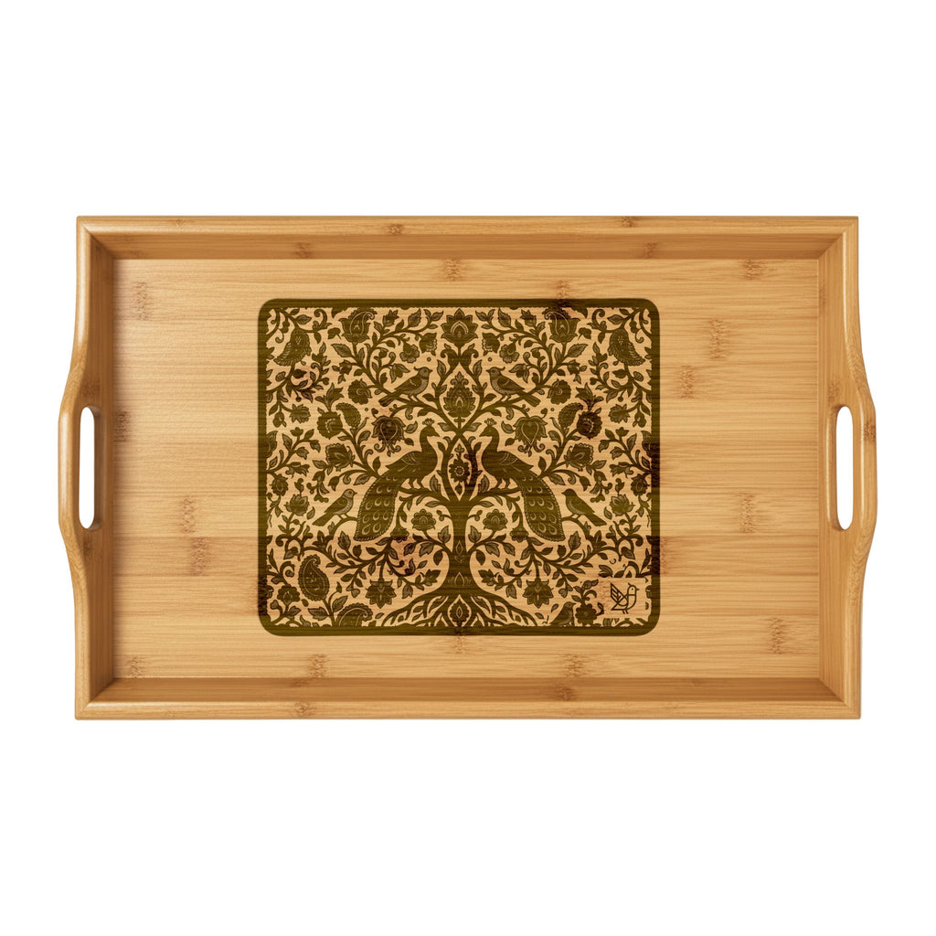 Madhubani Folk Art Engraved Bamboo Serving Tray | Traditional Indian Peacock Design