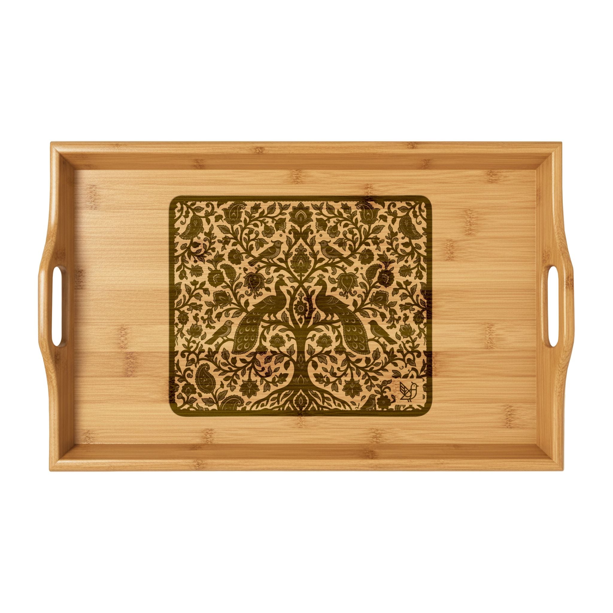 Madhubani Folk Art Engraved Bamboo Serving Tray | Traditional Indian Peacock Design