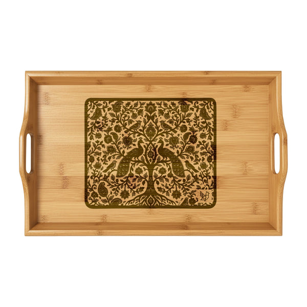 Madhubani Folk Art Engraved Bamboo Serving Tray | Traditional Indian Peacock Design