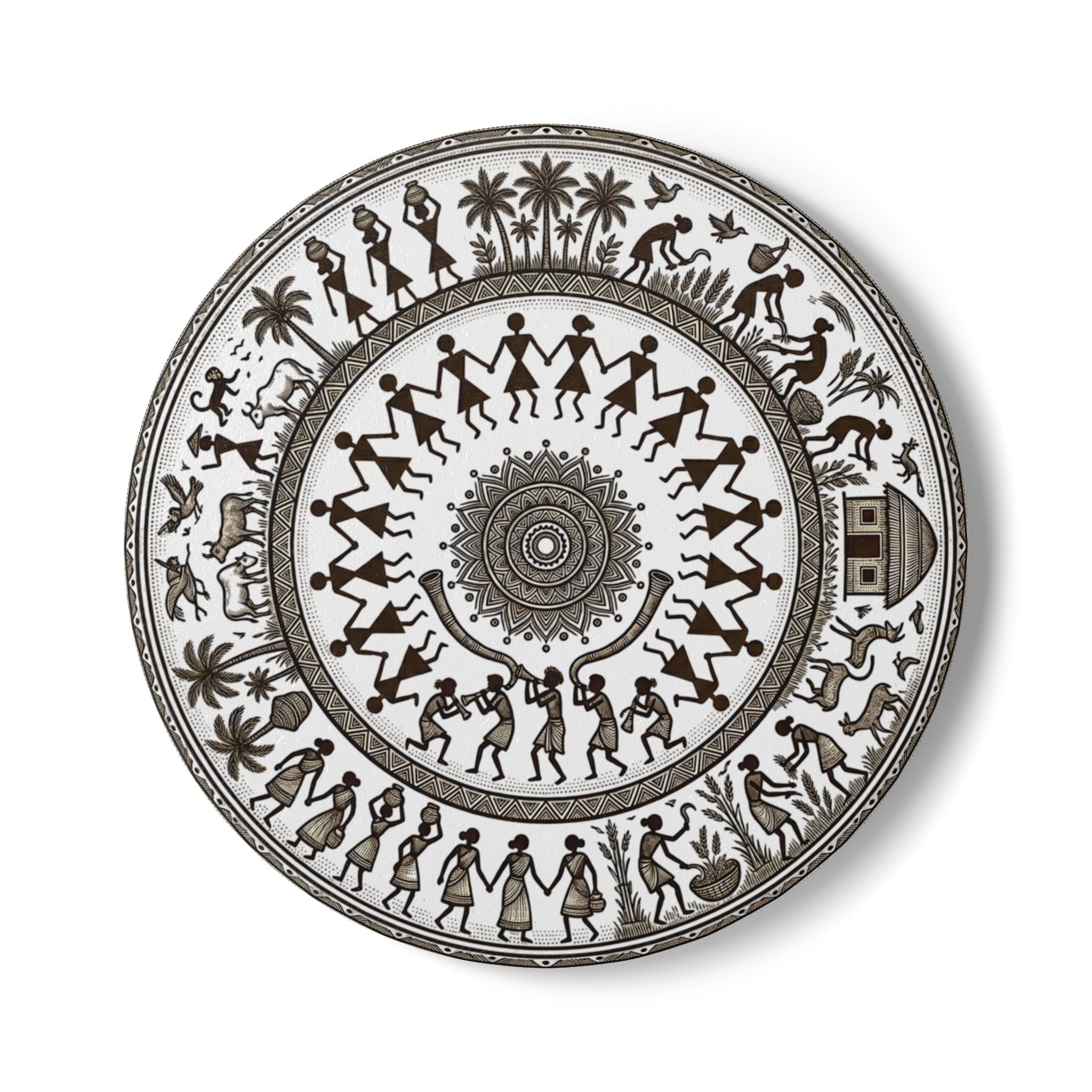 Warli Art Ceramic Coaster | Central Indian Tribal Folk Art Home Decor