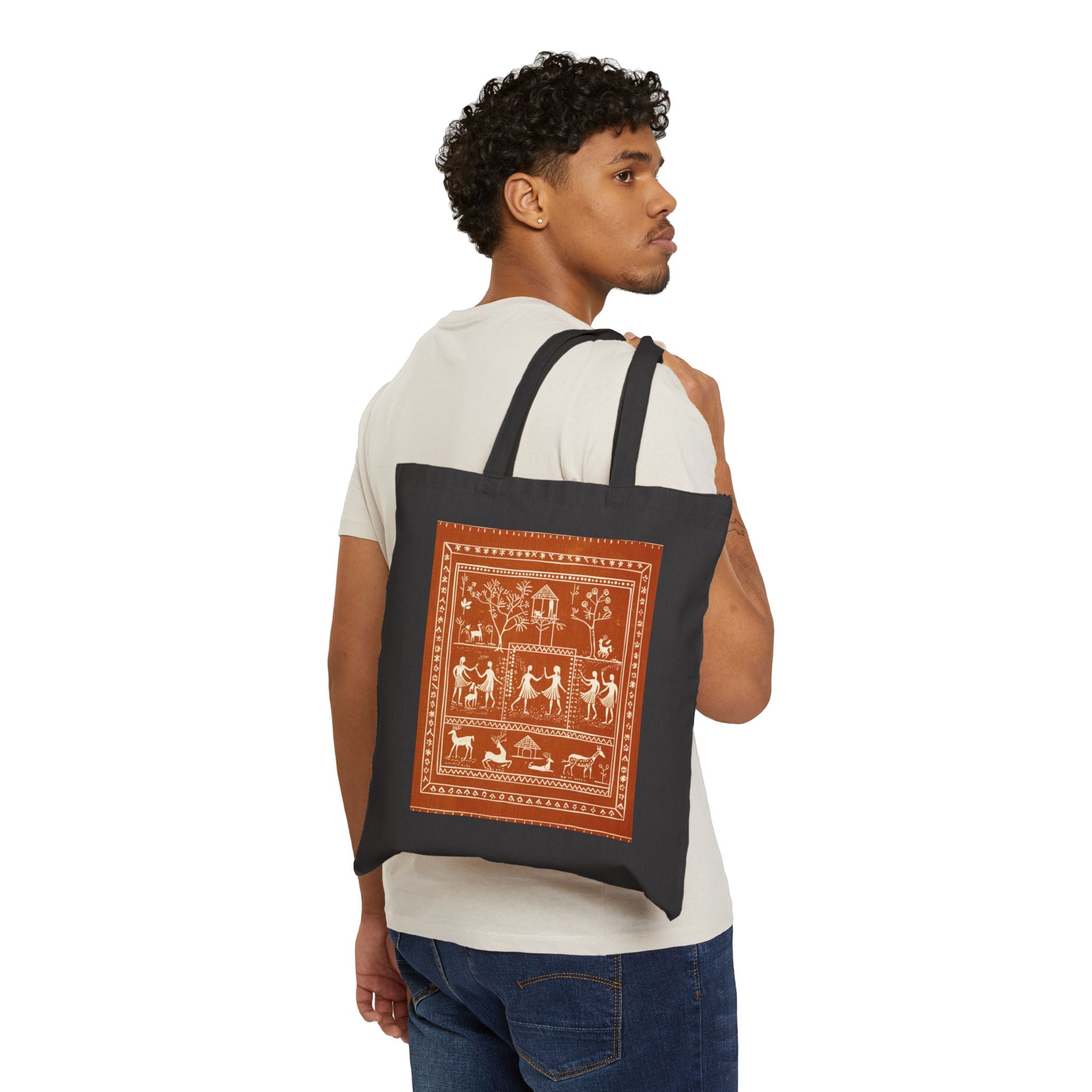 Central Indian Warli Folk Art Canvas Tote Bag | Warli-Inspired Tribal Print