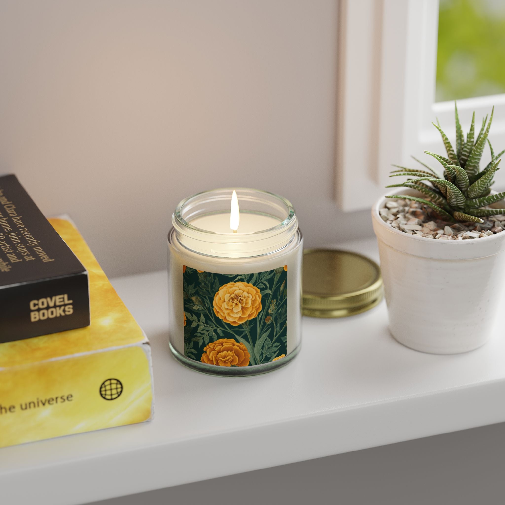 Indian Marigold Design Scented Candle | Coconut Apricot Wax Home Decor Gift